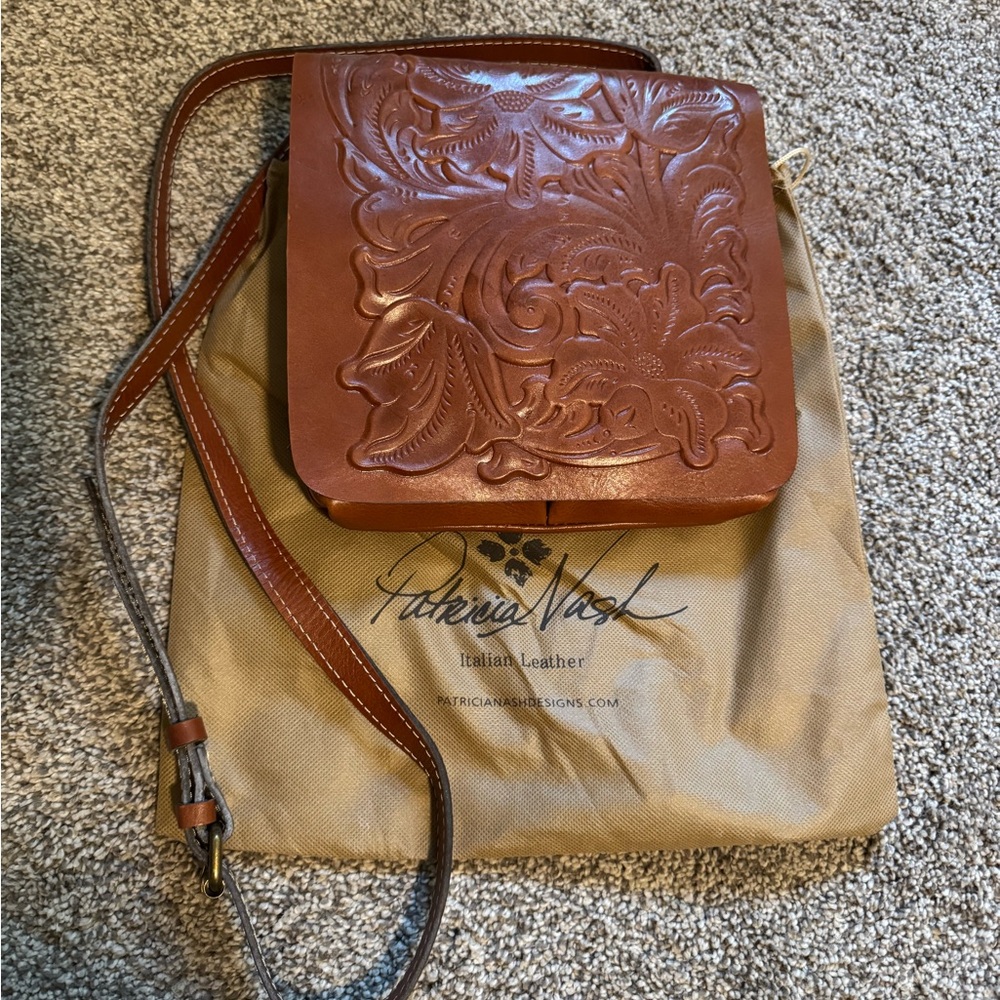 Patricia Nash Tan Embossed Leather Messenger Bag